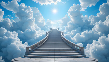 The grand staircase curves upwards and at the end is covered by the sky and clouds with an unlimited view. So beautiful and enchanting. Ai generated image