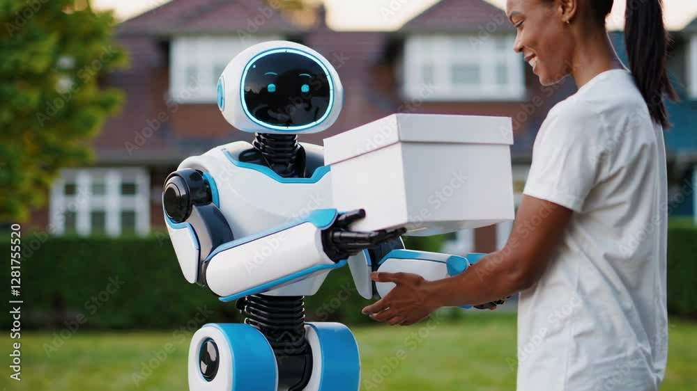 Poster Autonomous delivery robot navigating residential garden, smoothly transporting package with advanced ai technology, revolutionizing last mile delivery and customer service