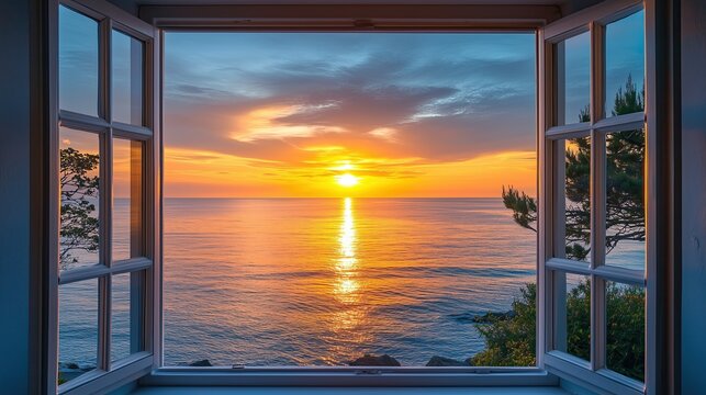Fototapeta Romantic view of a seaside sunset seen from an open window