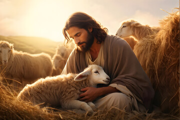 A man is holding a lamb in his arms