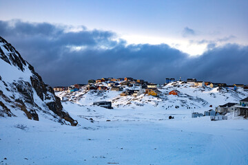 Sisimiut in Greenland in a snow landscape covered in sun shine © Sarah Østergaard