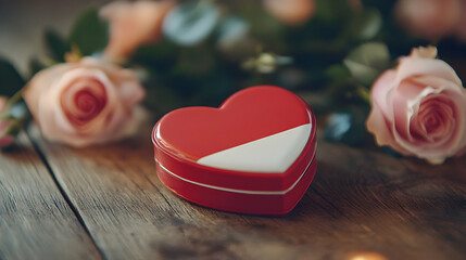 Heart-shaped red box with pink roses on wooden table