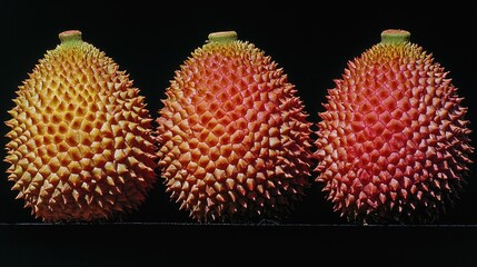 Three red durian fruits, close-up shot, dark background, food photography