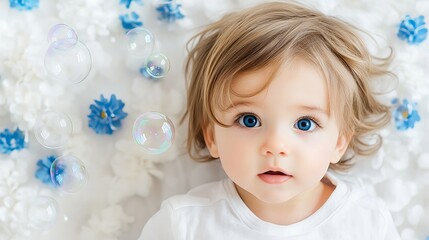 Adorable toddler with bright blue eyes looks up, surrounded by bubbles and soft blue flowers.