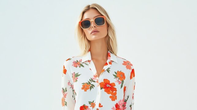 A woman models a vibrant floral shirt paired with large sunglasses in a well-lit studio. Her confident expression and stylish attire create a dynamic and fashionable vibe