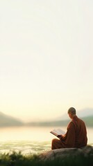 Fototapeta premium A monk sits peacefully by a tranquil lake, engrossed in reading a book. The soft hues of the sunset create a calm atmosphere, with mountains silhouetted in the background