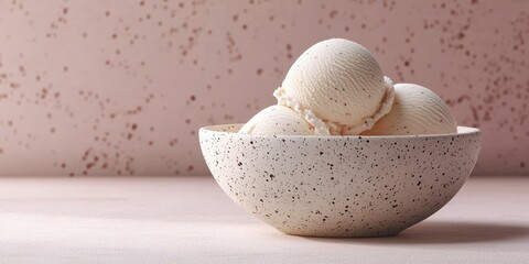 Delicious creamy vanilla ice cream balls served in a decorative speckled bowl on a pastel background