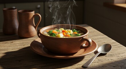Hot Vegetable Soup Steaming in Rustic Bowl with Spoon on Table