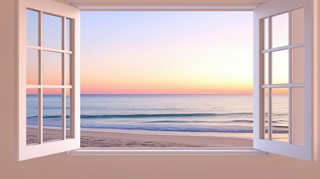 Fototapeta Romantic view of a seaside sunset seen from an open window