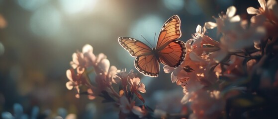 A butterfly perches delicately on a cherry blossom in soft focus, capturing the beauty and transience of nature's dance.