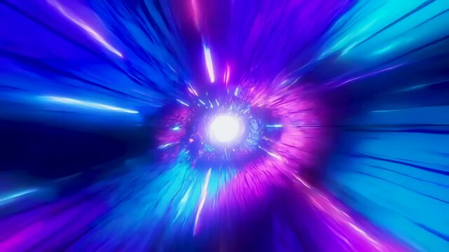 Vibrant space vortex with intense glowing energy, radiating purple and blue light waves. Concept of time travel and interdimensional gateways