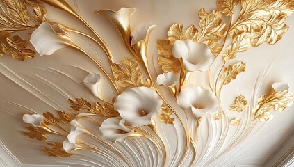 3D wallpaper with a stretched ceiling, featuring a golden decoration of a calla lilies pattern, creating a beautiful floral background.