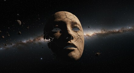 Cosmic oracle cracked mask floating in the expanse whispering secrets