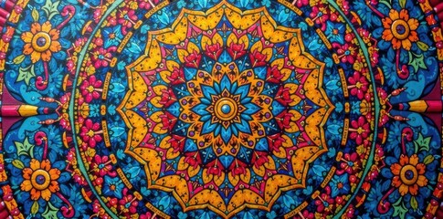 Intricate colorful mandala, ancient Indian Vedic style Multiple mathematical shapes, distressed paint , art, sacred, vedic symbol