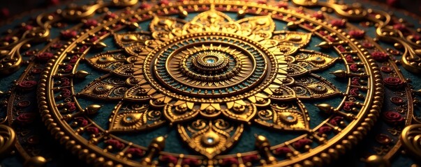 Intricate gold mandala, ornate details, luxury background, sacred geometry, graphic, shimmer
