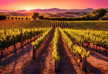 sunset over vineyard rows lined wine bottles create serene landscape breathtaking natural beauty, nature, sky, horizon, grape, leaves, rustic, clouds