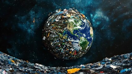 A globe encircled by trash illustrates the urgent need for sustainable practices and awareness about pollution and ecological impact