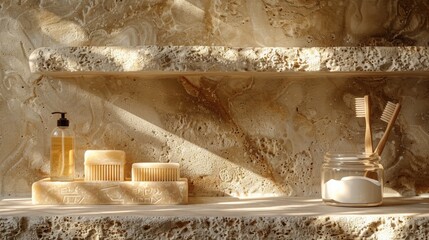 Elegant Bathroom Shelves with Natural Stone and Hygiene Products