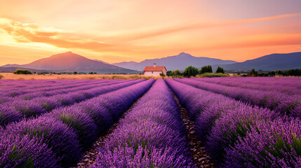 Obraz premium beautiful lavender field in Provence, France at sunset with mountains and a small house in the background 