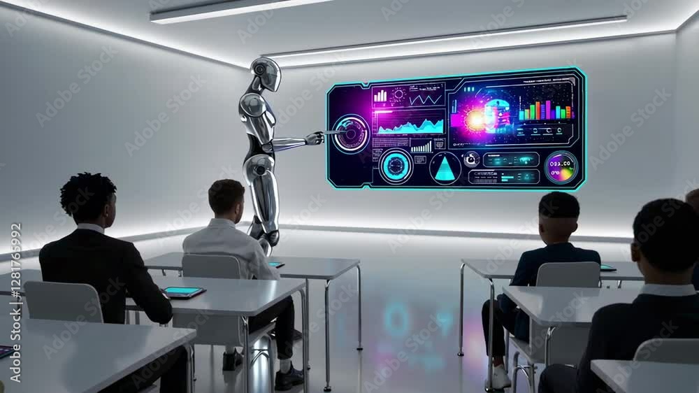 Poster futuristic robot teacher presenting data and charts on a holographic screen to a diverse group of st