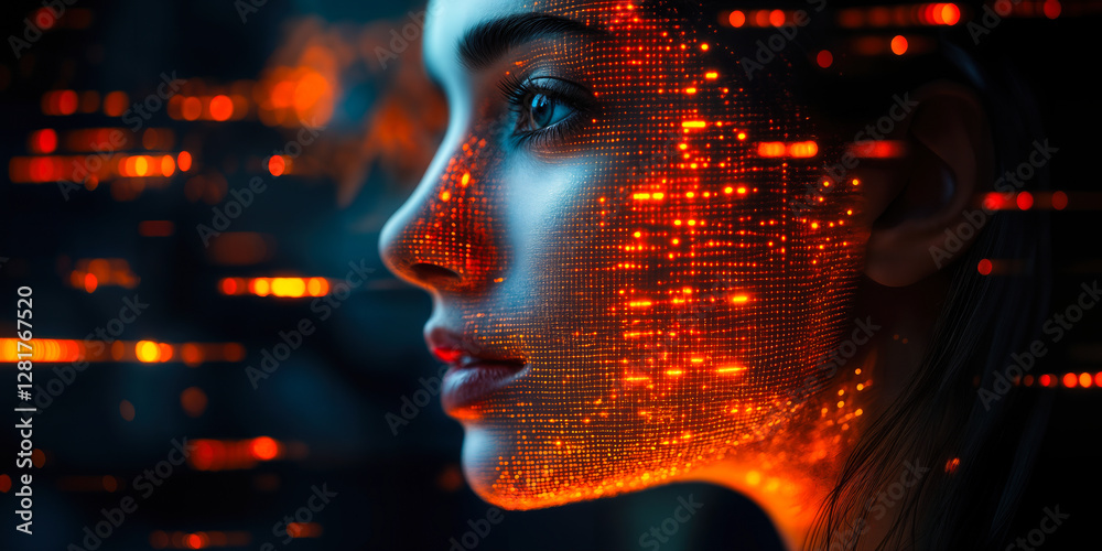 Poster advanced ai voice reconstruction technology concept with digital face mesh and data visualization