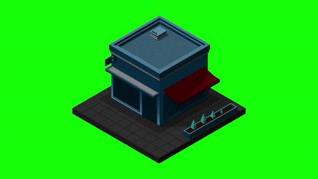 Isometric cafe building at night animation. Cafe building exterior. Cafe icon. Isometric shop or stores. Motion graphic. 4K animation
