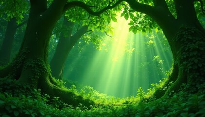 Obraz premium Emerald crown, dense foliage overhead, sunlight filtering through, sunlight, branches, nature