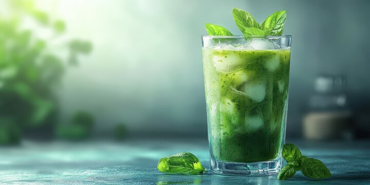 Refreshing green drink with mint leaves served in a clear glass on a rustic surface
