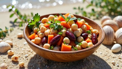 Vibrant bean and chickpea salad on sandy beach with fresh herbs