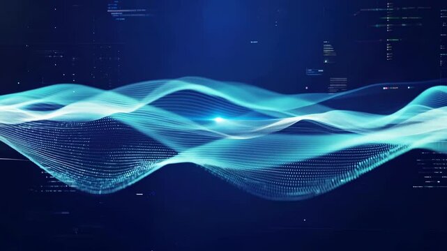 Bright, flowing waves of light move across a dark background, creating a captivating atmosphere in a contemporary digital setting. The visual display emphasizes patterns and motion.