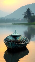 Sunrise boat lake calm misty mountains