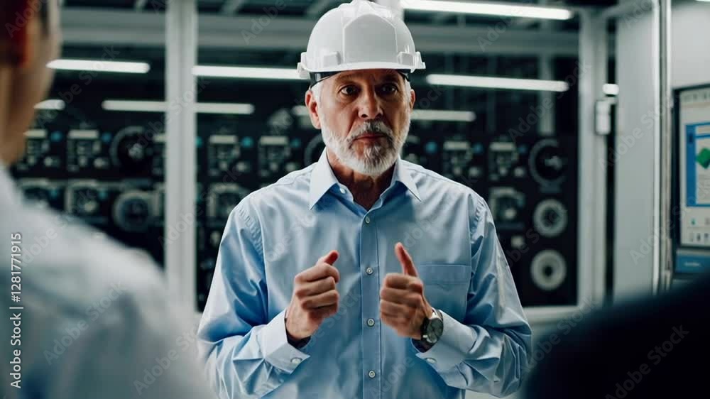 Poster Professional engineer wearing hardhat discussing strategic approach with team inside high tech control room, capturing collaborative problem solving within industrial technological environment