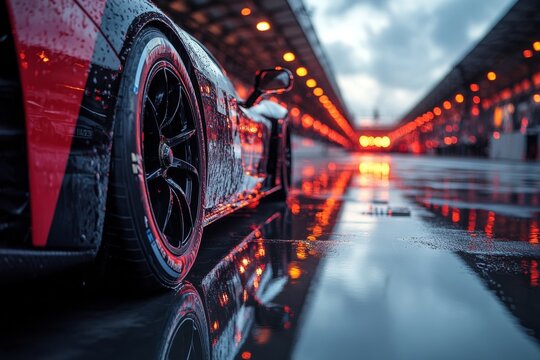 Racing car parked in illuminated pit lane with reflections on wet asphalt after a rain shower