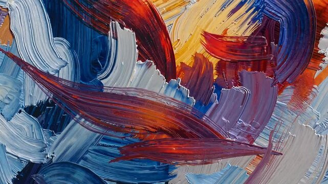 Bold abstract painting with dynamic brushstrokes in vibrant blues, reds, and yellows. Modern art and expressionism concept