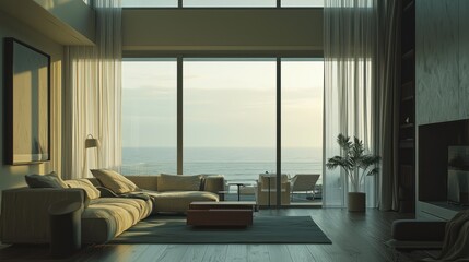 Serene Coastal Living Room: Ocean View Interior Design