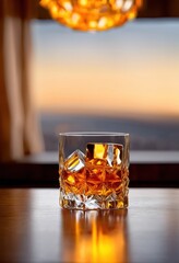 detailed close whiskey glass showcasing vibrant ice cubes reflecting light creating intricate patterns, amber, beverage, drink, cold, crystal, reflection
