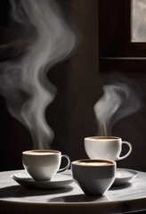 Obraz premium sleek coffee cups surrounded swirling steam polished surface creating calm modern aesthetic, artisanal, barista, beverage, brand, ceramic, chic, comfortable