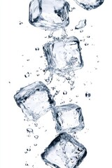 Refreshing Ice Cubes Plunging into Clear Water Creating Splashes and Bubbles on a Clean White Background in a Studio Shot
