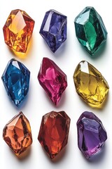 Fototapeta premium Collection of Colorful Gemstones on White Backdrop Showcasing Faceted Surfaces and Translucent Textures with Bright Lighting and Clean Aesthetic