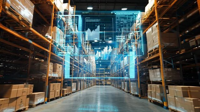 A warehouse featuring shelves filled with boxes and a digital analytics display showcasing real time data on inventory and logistics