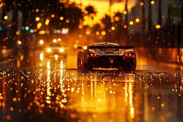 High-speed race car navigating a wet street at sunset with colorful reflections and glowing lights
