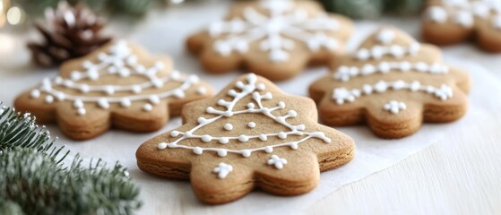 Festive Christmas Tree Gingerbread Cookies with White Icing on a Bright Tabletop Holiday Baking Scene