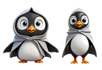 Obraz premium 3d rendering cute black and white penguin wearing hooded cloak cartoon characters isolated on transparent background, PNG file add