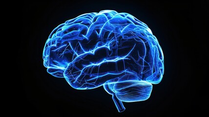 Blue human brain silhouette on black background glowing lighting shine.
