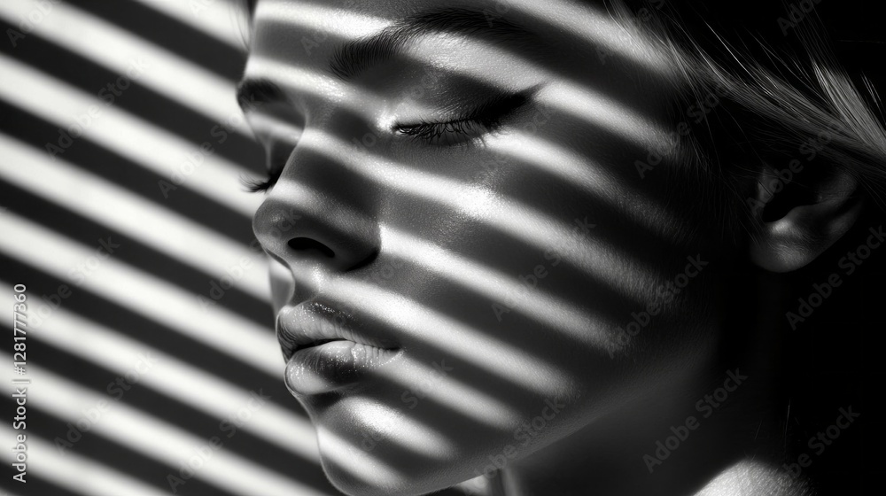 Poster a woman's face is gently illuminated by soft dappled light, casting intricate shadows across her fea