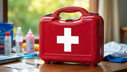 A bright red first aid kit on a table with essential medical supplies. This image symbolizes readiness for emergencies and promotes the importance of first aid knowledge on World Health Day.