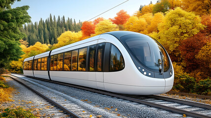 Modern train travels autumn foliage scenic route, travel advertisement