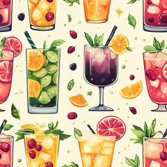 Summer cocktail and fruits seamless pattern illustration