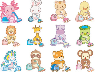 Set Vector Stock Illustrations Isolated of Baby Animals.
Cute animals with various activities.
Funny sticker of animal kids.