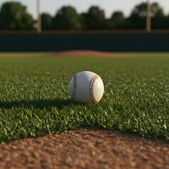 Baseball on a Green Grass Field with Dirt Pitcher's Mound